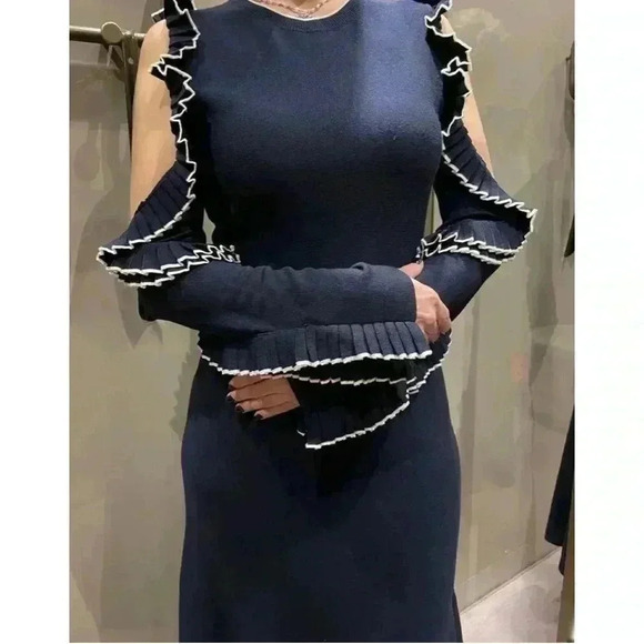 Oscar de la Renta Midi Dress XL Wool Black Cut Out Ruffle Long Sleeve Cocktail - Picture 4 of 16